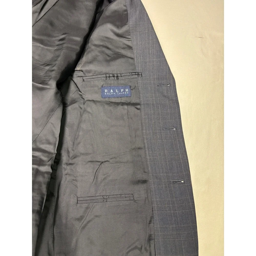 Ralph Lauren Mens 42L Wool Cashmere Glen Plaid Blazer Blue Grey Made in Canada